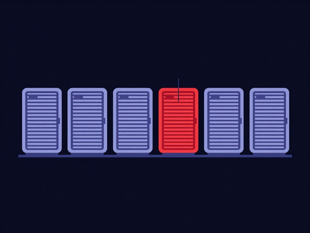 A row of six identical server units; the fourth is red and its listing pattern differs from the rest — a manifest that changed after the review